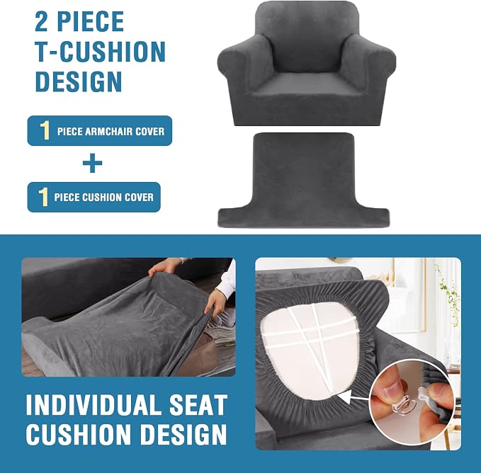 H.VERSAILTEX Sofa Cover 2 Piece T Cushion Armchair Slipcovers Thick Velvet Couch Cover Furniture Protector Stretch T Cushion Sofa Covers for 1 Cushion Couch with 1 Individual T Cushion Covers, Grey