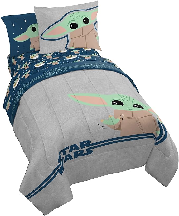 Star Wars Mandalorian Grogu Full Size Comforter Set 7 Piece Bedding, Gray | Baby Yoda, Bed in a Bag, Comforter Sheets Shams Pillowcases, Official Brand, Soft Microfiber, Machine Washable, Kids Gift