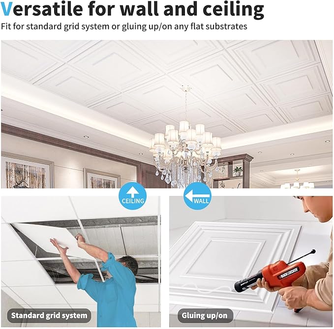 Art3d 24 Pack PVC Ceiling Tiles 24x24 Inches(96 Sq.,ft), Pure White | Waterproof Drop Ceiling Tiles/Wall Panels for Interior Wall Decor