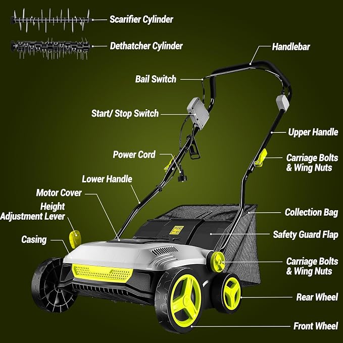 Electric Lawn Dethatcher Scarifier 15 Amp: DEKOPRO 15-inch Lawn Dethatcher and Aerator with 5-Position Depth Adjustment, 40L Collection Bag, 2-in-1 Corded Scarifier for Yard, Spring & Fall Lawn Care