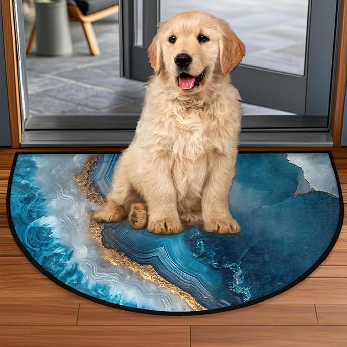 Modern Marble Blue Half Round Door Mat Half Moon Rug Washable Half Circle Area Rugs Indoor Entrance Non Slip Semi Circle Bathroom Rugs Floor Carpet for Kithen Bedroom Fireplace Decor