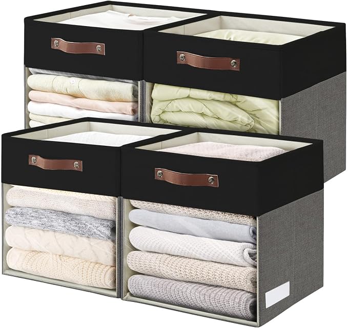 Bagnizer Storage Cubes, 4 Pack Linen Foldable Storage Bins with Clear Window and 2 Handles, 13x15x13 Storage Cube Bins for Shelf Closet, Kallax, Clothes, Books - (Gray / Black)