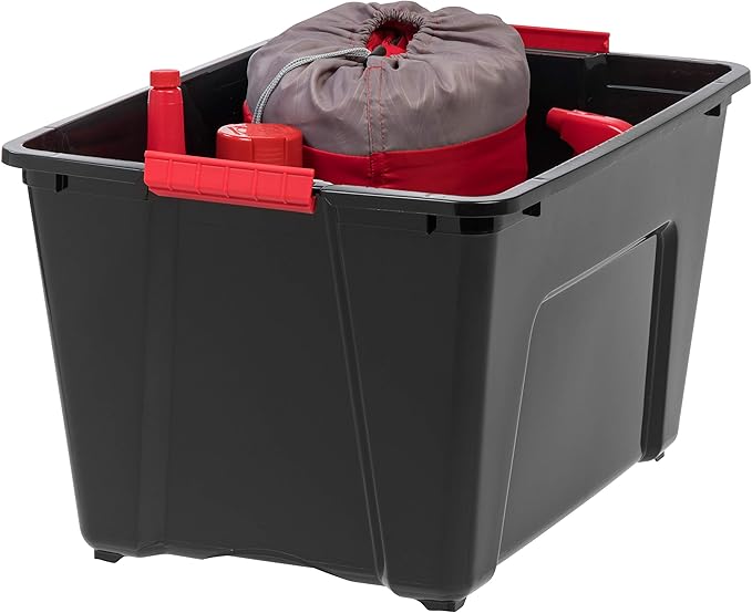 IRIS USA 6-Pack 54 Quart Storage Bins with Lids, Black | Black finish conceals stored items. Perfect for moving, blankets, clothing, and garage storage. Nestable design saves space