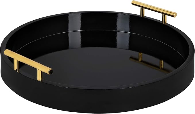Kate and Laurel Lipton Modern Round Tray, 15.5" Diameter, Black and Gold, Decorative Accent Tray for Storage and Display