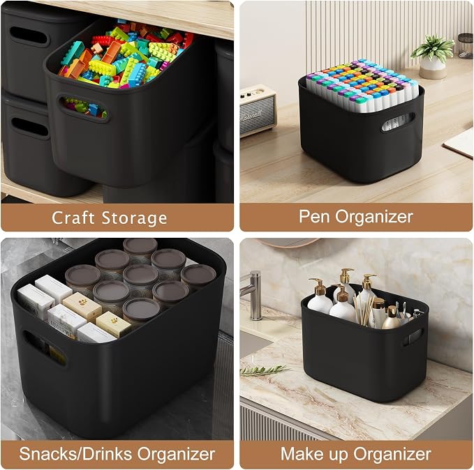ORGIDOL 8 Pack Black Storage Bins with Lids Stackable Storage Container for Organizing, Black Storage Boxes with Handle for Shelves, Cute Organizer Bins for Craft, Snacks, 9.85x6.9x5.7 inch