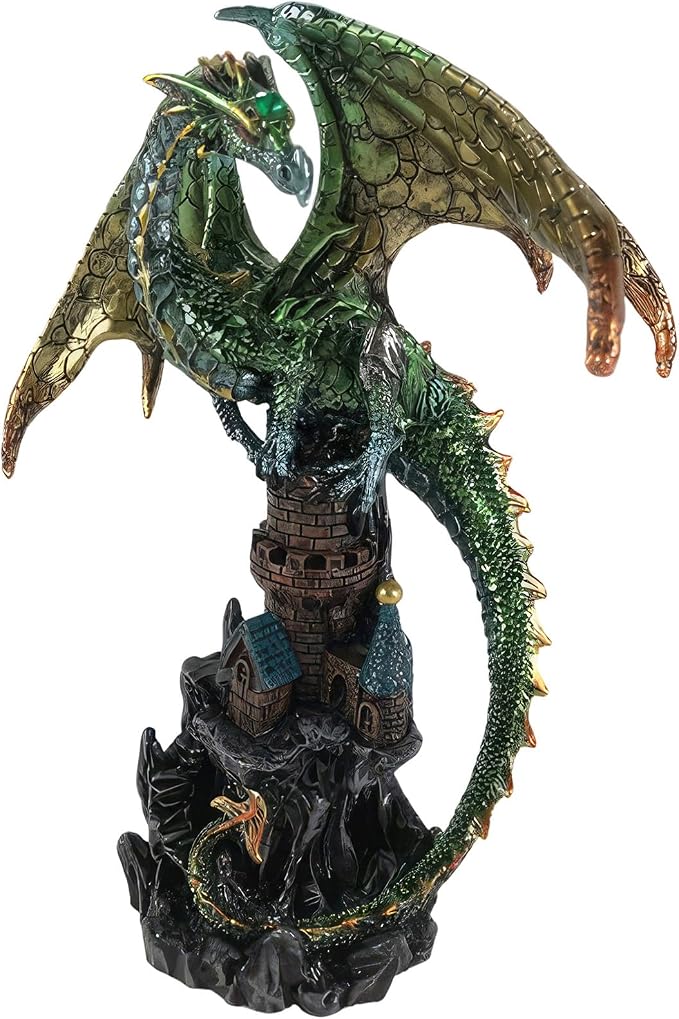 ICE ARMOR 7.5" H Green Dragon on Castle Figurine Statue Decoration Office Desk/Home/Living Room/Table Decor, Perfect House Warming Gifts for New Home