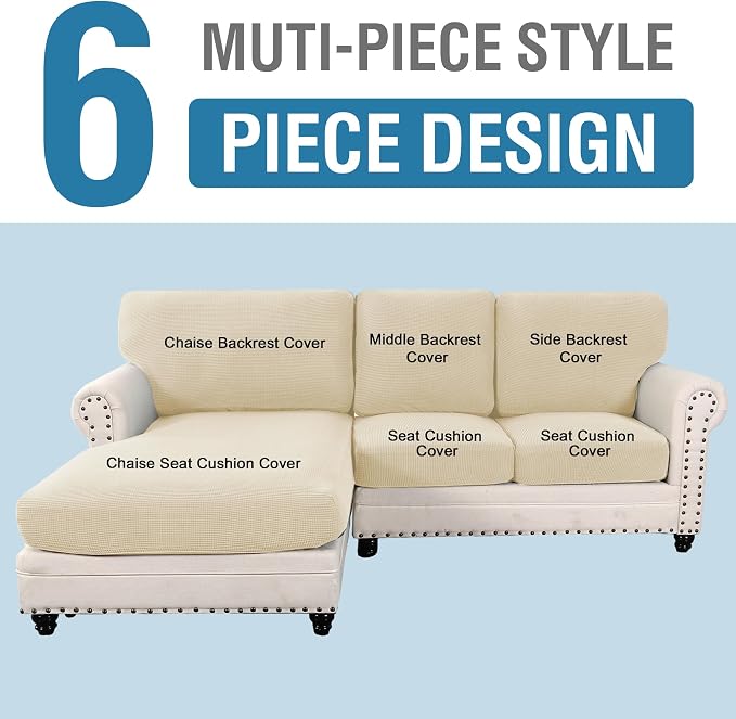 H.VERSAILTEX 2025 New Sectional Couch Covers 6 Pieces Stretch Sofa Covers for Sectional Sofa Set Separate L Shaped Couch Cover for Both Left/Right Couch (Seat and Back: 1 Chaise + 2 Sofa, Natural)