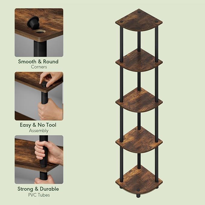 Furinno Turn-N-Tube Corner Shelf, 5-Tier Corner Bookshelf, Open Storage Shelves, for Organization and Storage, Living Room, Home Office, Garage, Bedroom, Amber Oak