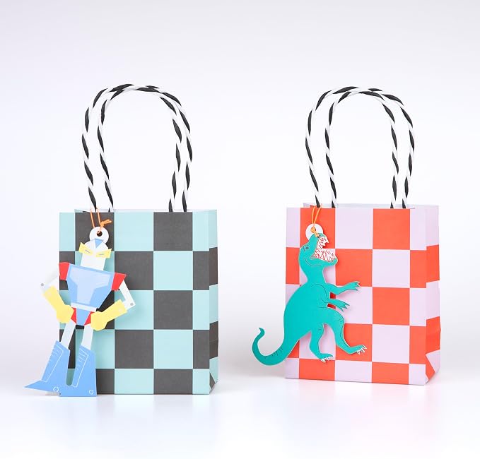 Meri Meri Toybox Icon Paper Party Bags (Pack of 8), 80s Theme Party Favor Bags, Colorful Tags & Stickers, Retro Birthdays, Ages 3+