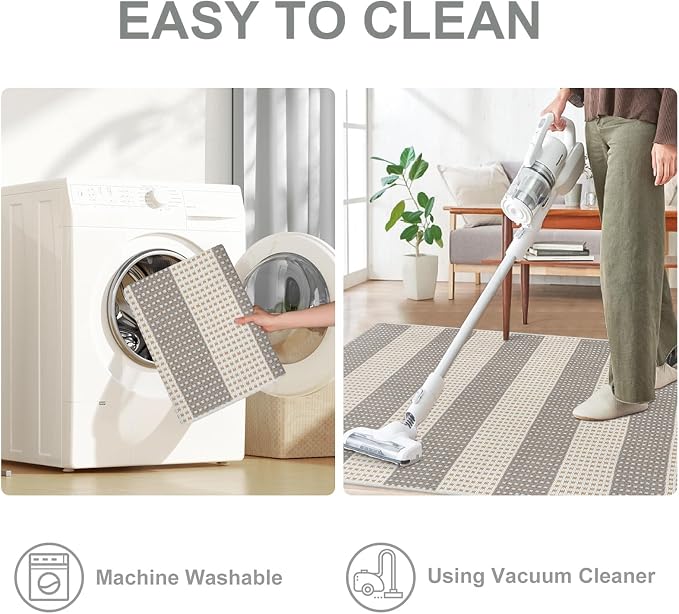 OJIA Outdoor Rug 5'x7' Striped Patio Rug Washable Indoor Outdoor Carpet | Cotton Woven Outside Rug Farmhouse Enrtyway Rug Large Area Rugs for Camping Living Room Bedroom Backyard Gray/White/Tan