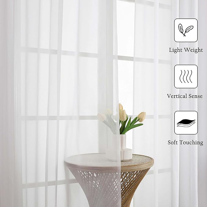 Lecloud White Sheer Curtains 102 Inches Long 2 Pcs, Light Filtering Living Room Curtains for Bedroom, Rod Pockets Voile Drapes for Dining Room Yard Patio Sliding Door, Each Panel 59" W x 102" L