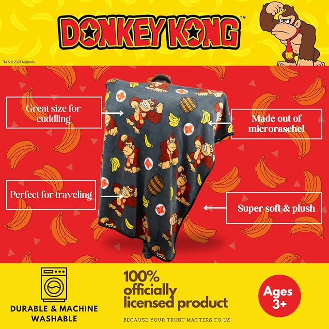 Franco Collectibles Nintendo Donkey Kong Gaming Bedding Super Soft Micro Raschel Throw, 46 in x 60 in, (Officially Licensed Product)