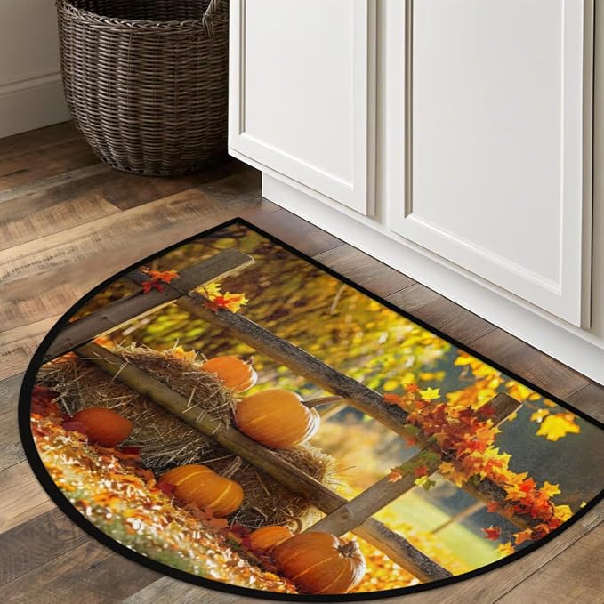 Pumpkin Half Round Doormat Non-Slip Semi Circle Rug Half Moon Mat | Autumn Maple Tree Washable Soft Absorbent Indoor Outdoor Entrance Kitchen Bathroom Sink Patio Welcome Fireplace Floor Rug