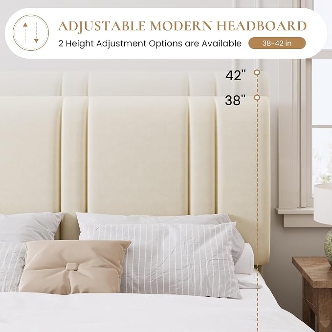 SHA CERLIN California King Bed Frame, Velvet Upholstered Bed with Adjustable Headboard, Vertical Channel Tufted Design, Sturdy Wood Slat Support, No Box Spring Needed, Easy Assembly, Cream