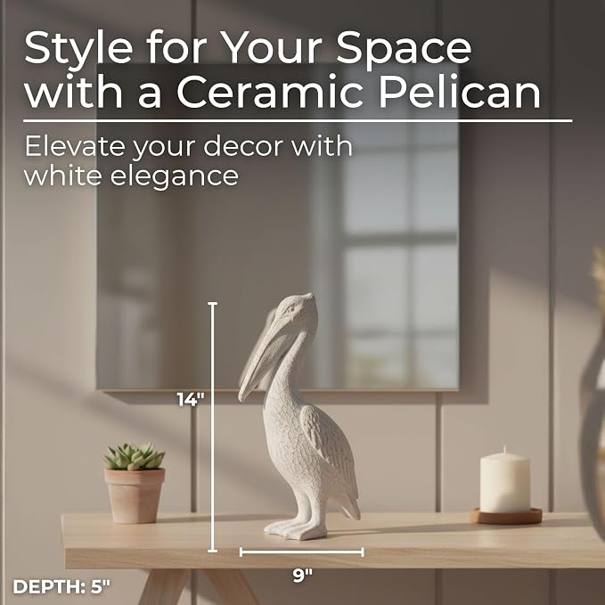Modern Ceramic Standing Pelican Sculpture - Home Accent for Bathroom, Office, Room and Living Room - Ideal for Shelf and Coffee Table Decor Display - Figurine and Ornaments Accent - 14", White