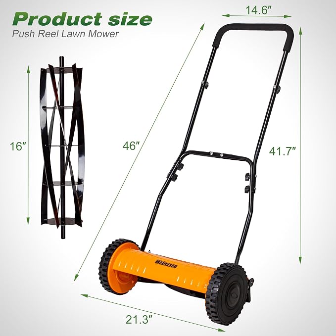 Walensee 16-Inch Manual Lawn Mower, 5-Blade Push Reel, 4 Heights | Precision-Ground Alloy-Steel Blades Make Clean Scissor-Like Cuts, With Quiet Cordless Operation For Small Lawns