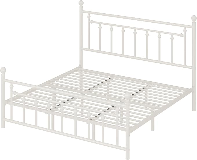 Allewie 14'' King Size Metal Platform Bed Frame, Vintage Headboard, White | 50'' Tall Victorian Headboard/Footboard/Mattress Foundation/Under Bed Storage/No Box Spring Needed/Easy Assembly/Noise Free