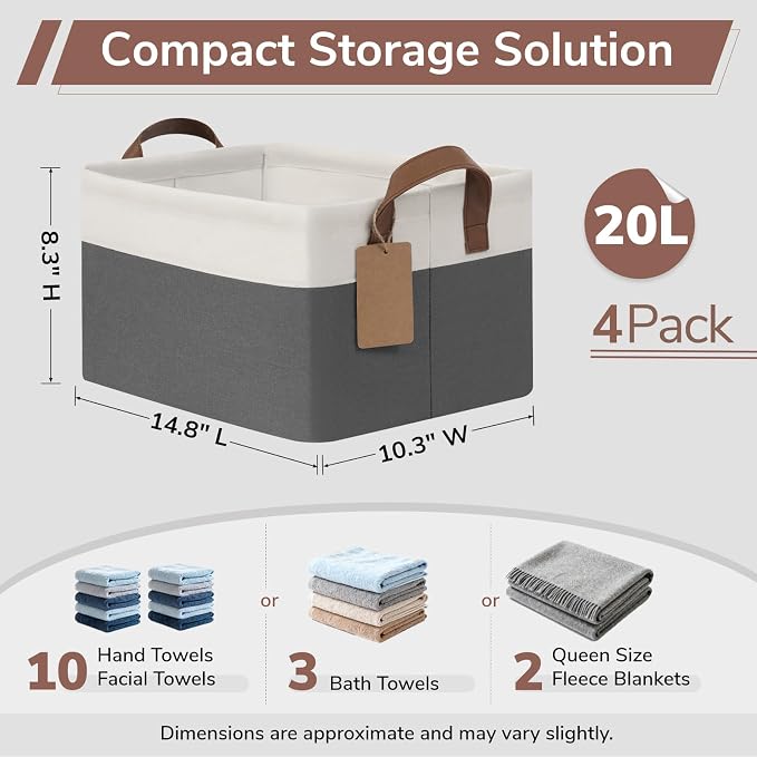 CHICVITA 4 Pack Fabric Storage Bins for Shelves, Gray & White | 14.8 × 10.3 × 8.3 in, Metal Frame, Leather Handles, Nursery & Living Room Organization, Toys, Clothes & Books Storage
