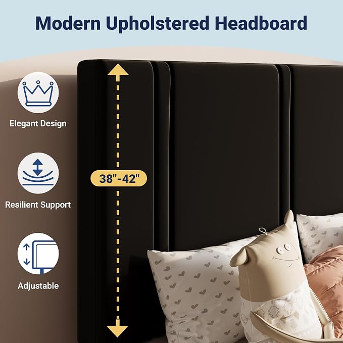 Allewie Twin Size Platform Bed Frame with Adjustable Headboard | Plush Velvet Upholstered, Vertical Channel Tufted, Sturdy Wood Slats, No Box Spring Needed, Easy Assembly, Black