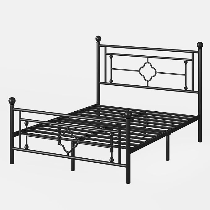 SHA CERLIN 14 Inches Full Size Metal Platform Bed Frame/Vintage Iron-Art Headboard and Footboard/Mattress Foundation for Storage/No Box Spring Needed/Noise-Free/Easy Assembly/Black