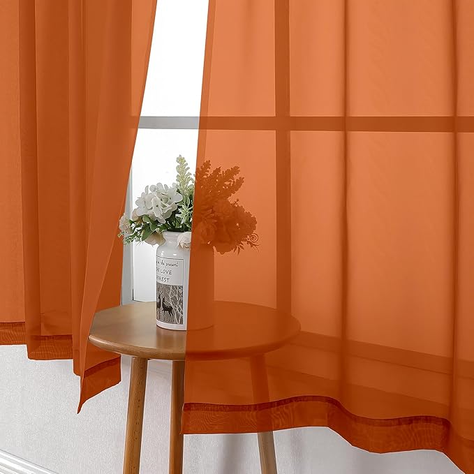 Lecloud Orange Sheer Curtains 63 Inch Length 2 Panels Set, Window Curtains for Bedroom, Voile Solid Light Filtering Living Room Drapes with Rod Pocket, Each Panel 42 X 63 Inch