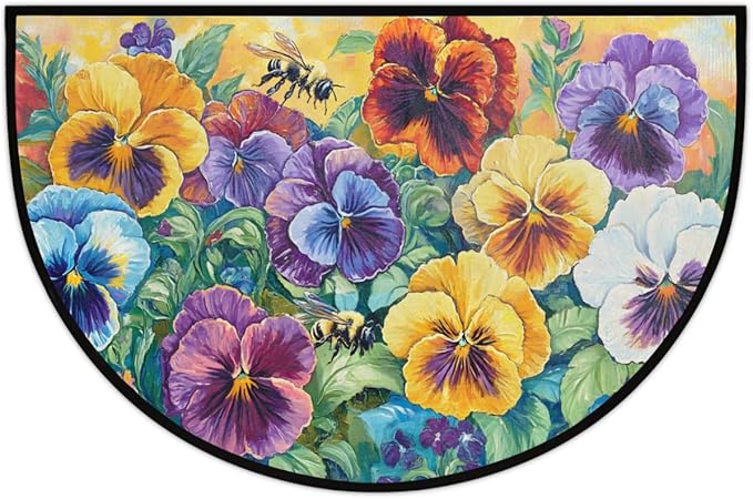 cfpolar Spring Retro Bee Flower Half Round Door Mat Indoor Entrance Half Circle Area Rug Semi Circular Door Mat Half Moon Rug for Floor Bathroom Living Room Bedroom Kitchen Fireplace 24"x36",A-07