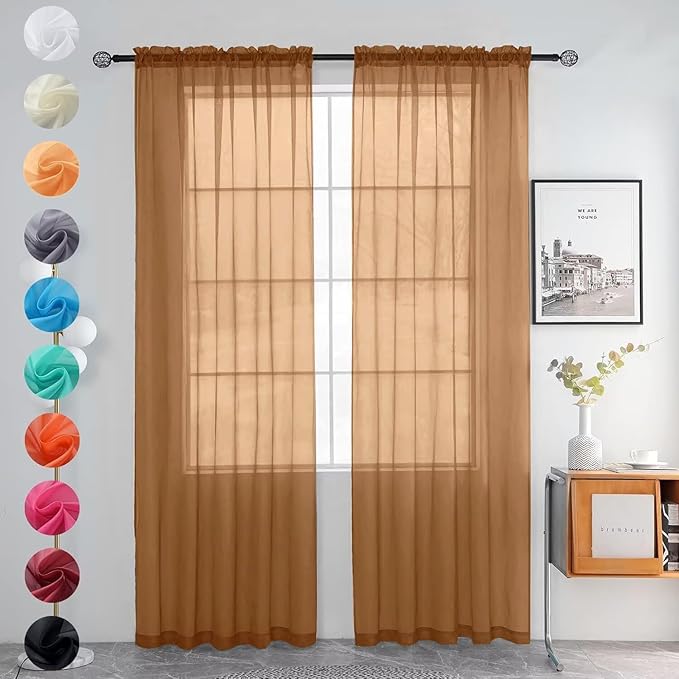 youleyar Solid Sheer Rod Pocket Curtain Voile Draperies 2 Panels White Beige Black Grey Ivory 52 Inch Width 90 Inch Long 1 Pair for Kitchen Bedroom Children Living Room Yard (Light Brown,52Wｘ90L)