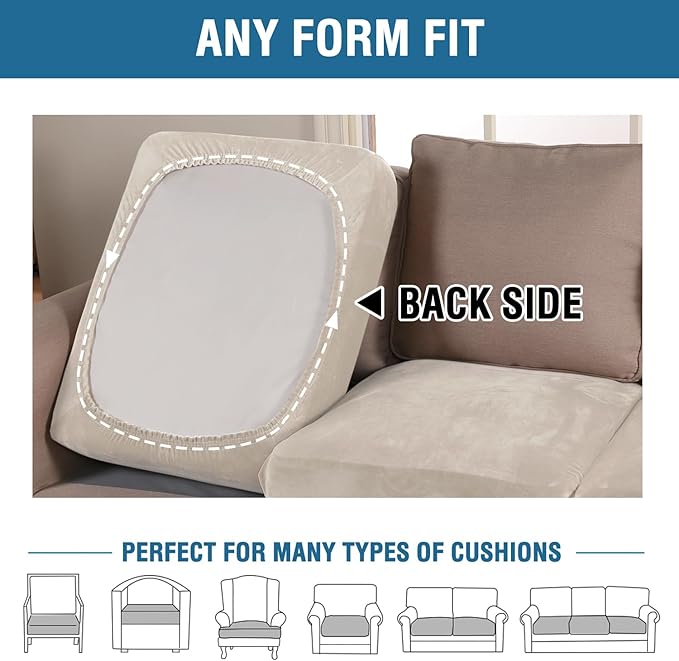 H.VERSAILTEX Velvet Stretch Couch Cushion Cover Plush Cushion Slipcover for Chair Loveseat Sofa Cushion Furniture Protector Seat Cushion Sofa Cover (3 Piece XL Sofa Cushion Covers, Ivory)