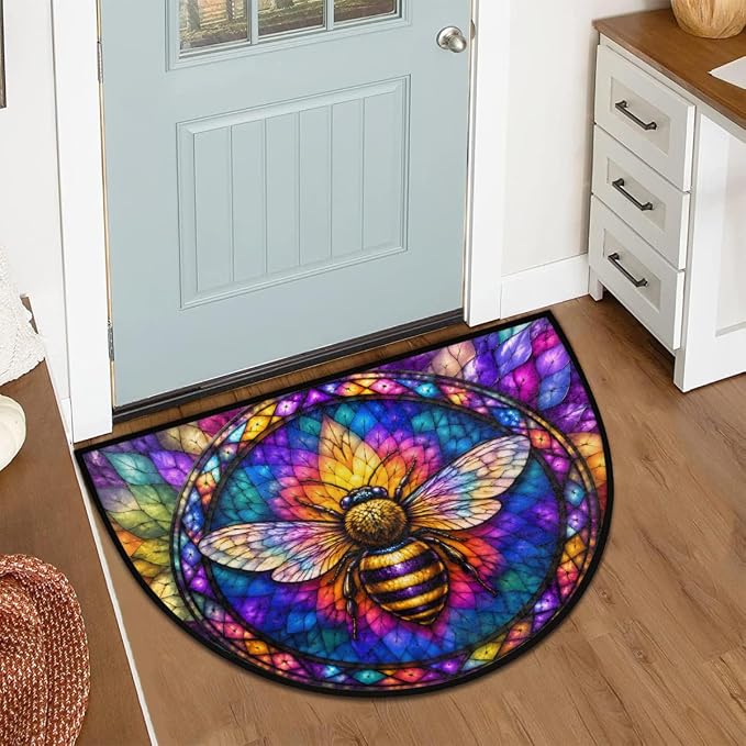 Pardick Bee Half Round Door Mat Welcome Entrance Mat Bath Bathroom Rug A7 | Bee Glass Painting Welcome Entrance Mat Anti-Slip Half Moon Bath Mat Semi Circle Rug Indoor Outdoor Kitchen Rug
