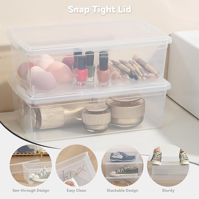 novelinks 12 Pack 6QT Plastic Storage Bins with Lids, Shoe Boxes (Clear) | Clear Shoe Storage Boxes, Shoe Boxes Clear Plastic Stackable, Shoe Bins, Shoe Containers, Craft Organizers and Storage