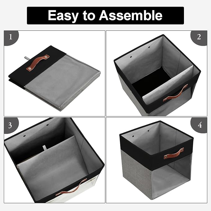 Bagnizer Storage Cubes, 4 Pack Linen Foldable Storage Bins with Clear Window and 2 Handles, 13x15x13 Storage Cube Bins for Shelf Closet, Kallax, Clothes, Books - (Gray / Black)