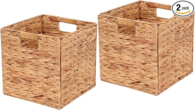 Water Hyacinth Storage Baskets 11x11x11 Inch Wicker Storage Cubes Set of 2 | Handwoven Foldable Wicker Cubes with Sturdy Handles, Rustic Laundry Organizer for Bedroom Shelves, Kitchen, Bathroom