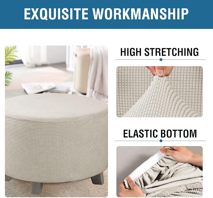 H.VERSAILTEX Ottoman Cover Stretch Ottoman Slipcover Round Ottoman Storage Cover Folding Stool Covers Furniture Protector Cover for Footrest Ottoman Fit Dia 30" - 41", Island Fossi
