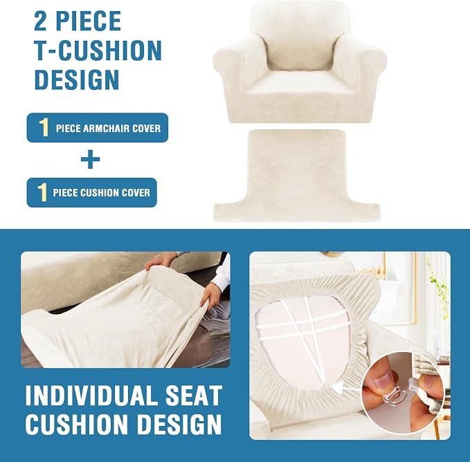 H.VERSAILTEX Sofa Cover 2 Piece T Cushion Armchair Slipcovers Thick Velvet Couch Cover Stretch T Cushion Sofa Covers for 1 Cushion Couch with 1 Individual T Cushion Covers, Cream