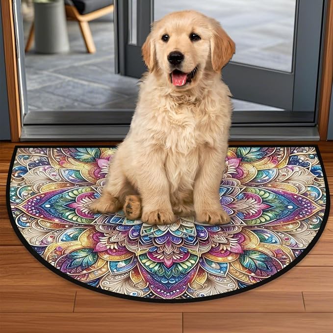 Flower Mandala Rainbow Half Round Door Mat Non-Slip Semi Circle Rug Washable Half Moon Floor Rug Absorbent Bathroom Area Rugs for Outdoor Indoor Fireplace Mat Entryway Kitchen Decor Rugs