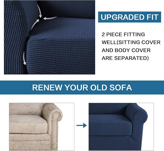 H.VERSAILTEX 2 Piece Loveseat Slipcovers Stretch Furnitue Cover Fit Lovesat Width Up to 70 Inch, Spandex Jacquard Fabric Sofa Protector Suit for T Cushion/Box Cushion- Loveseat - Navy
