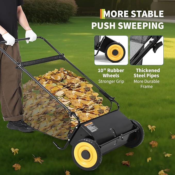 26-Inch Push Lawn Sweeper with 4-Brush System, Heavy-Duty Steel Frame, Height-Adjustable Leaf & Grass Collector, 7 Cu.ft. Mesh Bag, Ideal for Leaves, Grass, Yard & Garden Cleanup