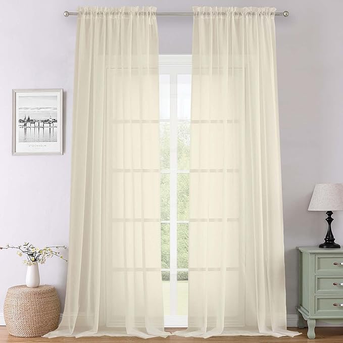 Lecloud Cream Sheer Curtains 120 Inches Long 2 Pcs, Rod Pockets Voile Living by Lecloud