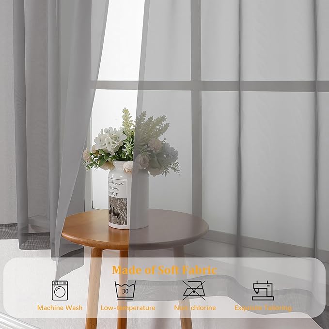 Gwine Charcoal Grey Sheer Curtains 72 Inches Long 2 Panels Set - Image 7