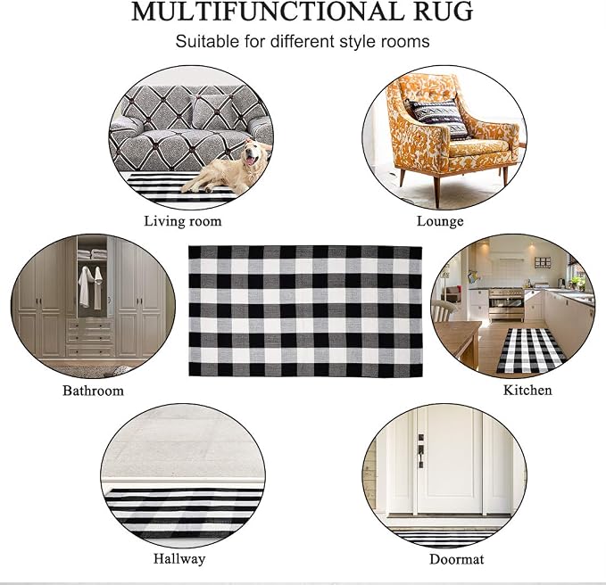 uxcell Buffalo Check Rug,Plaid Outdoor Rug,Layered Door Mat,Cotton Gingham Rugs,Floor Mat for Front Porch/Runner/Bedroom/Kitchen/Farmhouse 59"x35" Black & White