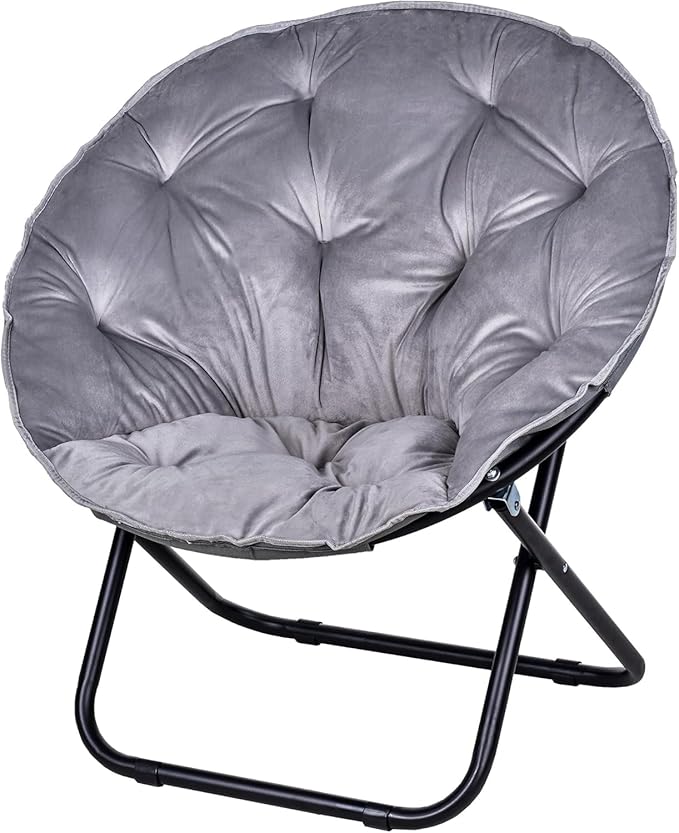 VECELO Saucer Chair for Adults, Folding Moon Chair with Metal Frame, Faux Fur for Bedroom, Living Room, Dorm Room, Apartment, Grey