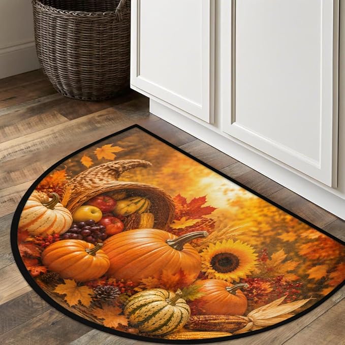 cfpolar Autumn Half Round Door Mat Outdoor Doormat Bedroom Entrance Rug A23 | Autumn Fall Pumpkin Semi Moon Door Mat Non-Slip Absorbent Kitchen Rug Indoor Welcome Bath Mat 36" X 24"