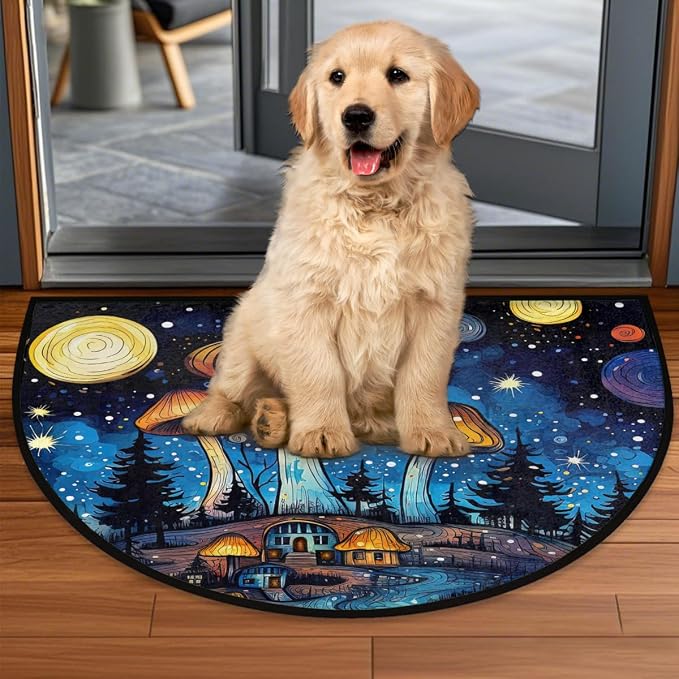 Mushroom Sky Half Round Door Mat Non-Slip Semi Circle Rug Half Moon Doormat | Mushroom Starry Sky Soft Washable Welcome Entrance Mat for Outdoor Indoor Floor Bedroom Bathroom Home Kitchen Festival Decor