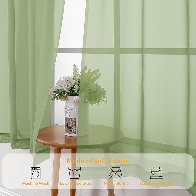 Gwine Light Green Sheer Curtains 84 Inches Long 2 Panels Set - Image 7