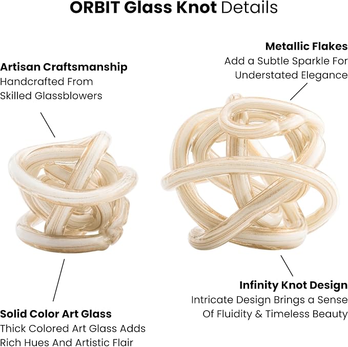 Torre & Tagus Orbit Hand Blown Glass Infinity Knot Sculpture - 3 Inch Glass Art White & Gold Knot Decor Ball for Home Decor, Small Centerpiece Table Decoration for Home Interior (White Gold Flakes)