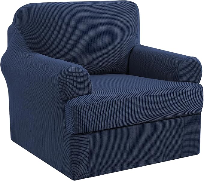 H.VERSAILTEX Stretch Chair Covers Armchair 2 Piece Chair Covers for Living Room Furniture Cover Suit for T Cushion/Box Cushion, Spandex Jacquard Fabric Small Checks(Armchair-Standard, Navy)