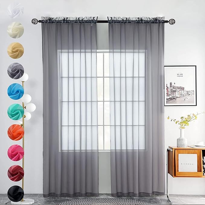 youleyar Solid Sheer Rod Pocket Curtain Voile Draperies 2 Panels White Beige Black Grey Coffee 52 Inch Width 45 Inch Long 1 Pair for Kitchen Bedroom Children Living Room Yard(Grey,52Wｘ45L)