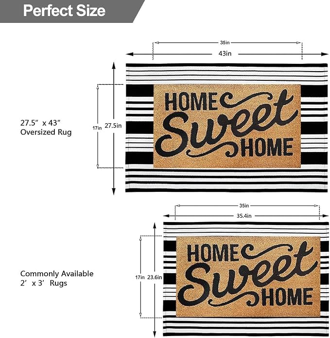 OJIA Front Door Mats 27.5"x43" Black and White Outdoor Rugs Porch Decor | Cotton Woven Front Door Rug Striped Area Rug Machine Washable Layered Doormats for Farmhouse/Kitchen/Entryway/Patio Decor