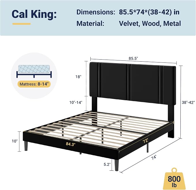 Allewie California King Size Platform Bed Frame with Adjustable Headboard | Plush Velvet Upholstered, Vertical Channel Tufted, Sturdy Wood Slats, No Box Spring Needed, Easy Assembly, White
