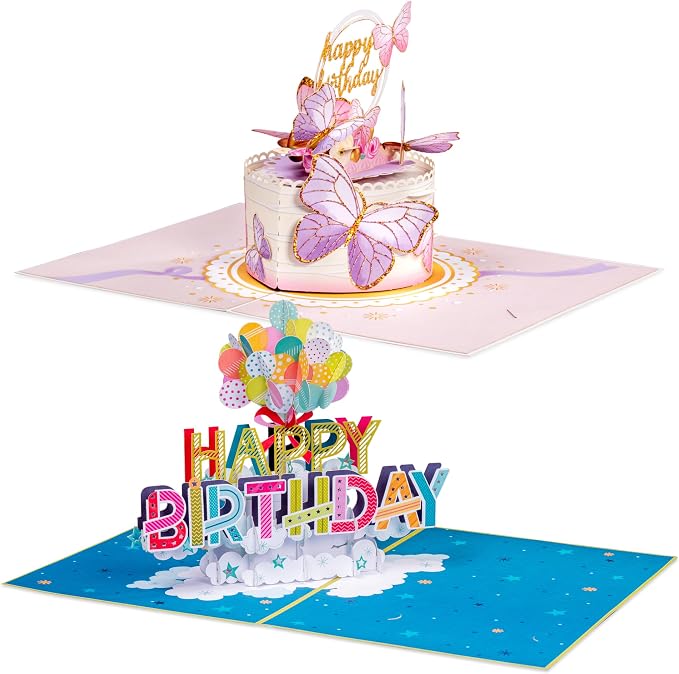 Paper Love Birthday Pop Up Cards 2 Pack - Includes 1 Butterfly Birthday Cake and Happy Birthday Jumbo, For Adults or Kids -5" x 7" and 10" x 14" Cover - Includes Envelope and Note Tag